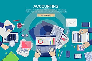 Work process in office, vector top view illustration. Accounting, business data analysis and financial audit concept.