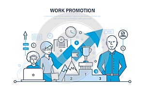 Work promotion, success, business strategy, achievement, leadership, teamwork, business team.