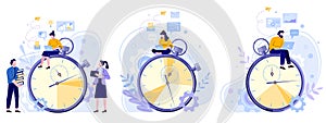 Work rate time management. Working hours timer, productivity timekeeper and team people working on laptop flat vector photo