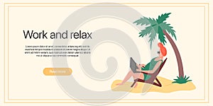 Work and relax banner template. Woman in swimming suit sits in sunbed on the beach and working on laptop vector flat illustration