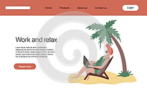Work and relax landing page template. Woman in swimming suit sits in sunbed on the beach and working on laptop