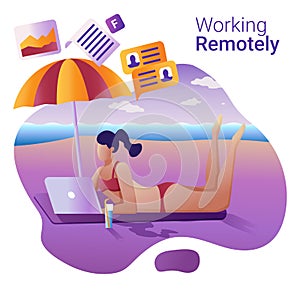 Work remotely concept. The Flat vector illustration for a banner. Young girl remotely working at a laptop lying on the