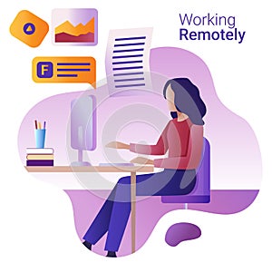 Work remotely concept. The Flat vector illustration for a banner. The young woman works remotely at a computer.