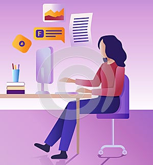 Work remotely concept. The Flat vector illustration. The young woman works remotely at a computer.