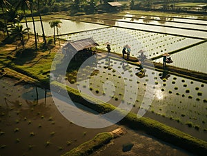 work in rice fields. view from above