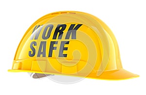 Work Safe, yellow construction hard hat with text. 3D rendering
