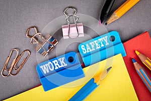 WORK SAFETY concept. Folder Register of Card Index. Colored pencils and paper