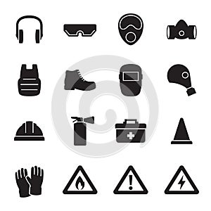 Work safety, protection equipment icons set