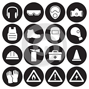 Work safety, protection equipment icons set