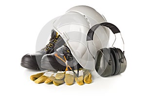 Work safety and protection equipment - protective shoes, safety glasses, gloves and hearing protection