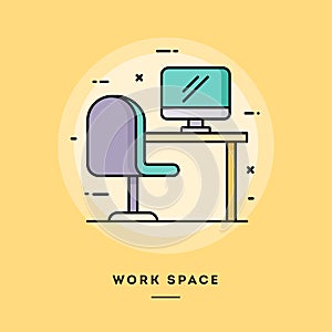 Work space, flat design thin line banner.