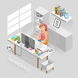 Work Space Isometric Flat Style. Business People Working On An Office Desk.