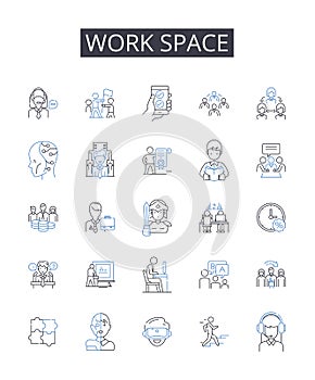 Work space line icons collection. Exploration, Uncovering, Revelation, Innovation, Surprise, Invention, Trailblazing