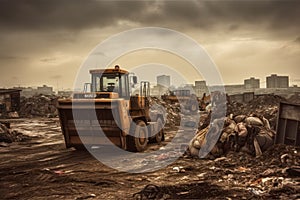 The work of special equipment at the garbage dump. Bulldozers remove garbage.