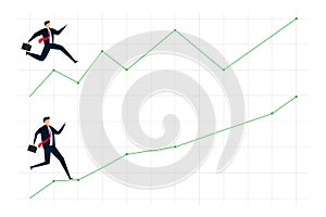 work successful ladder, businessman walking up stairs graph, one with smooth rising up and other on volatile path