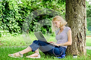 Work in summer park. Nature is essential to wellbeing and ability to be productive and high functioning at work. Girl