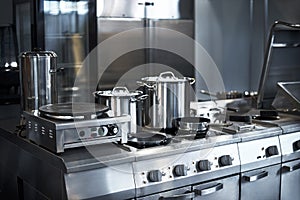 Work surface and kitchen equipment in professional kitchen, view counter in stainless steel