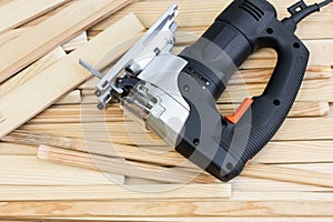 Work table in the carpentry workshop. Woodworking tool on wooden boards.