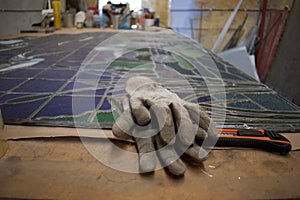 Work table in a vitrail workshop