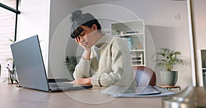 Work, tired and office stress headache of a woman working on a computer. Business tech employee with anxiety burnout