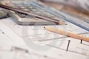 Work tools for architects engineer on project design costruction building house photo