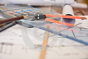 Work tools for architects engineer on project design costruction building house photo