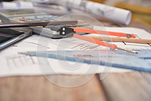 Work tools for architects engineer on project design costruction building house photo