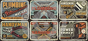 Work tools colorful vintage posters set