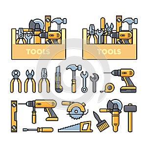 Work tools icons - toolbox, puncher, drill, wrench, plane, saw  and construction tools kit