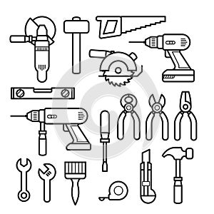 Work tools line icons - puncher, drill, wrench, saw, pliers and construction tools kit