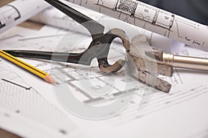 Work tools on project design costruction building house photo