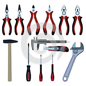 Work tools. Wire cutters, combination, needle nose pliers, wrench screwdriver cutter knife vernier caliper hammer vector