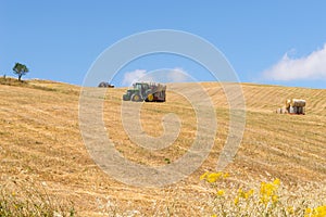 Work of two tractors in the fields in the north of Sicily