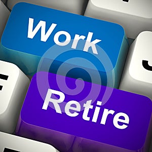 Work versus retire keys means carrying on working or getting a pension - 3d illustration