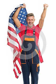 Work visa USA. Man cheerful laborer hold american flag. Repair and renovation. Repair tips. Guy worker in uniform