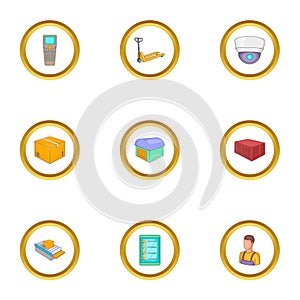 Work in the warehouse icons set, cartoon style