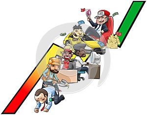 Work and wealth graph of cartoon people from poor labor to rich