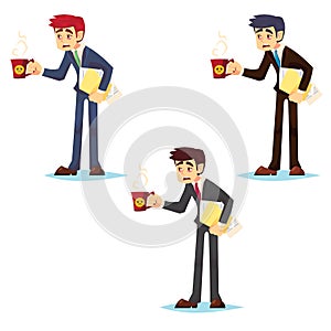 Work week emotive concept. Sleepy and tired man in suit with coffee and file folder flat vector cartoon illustration