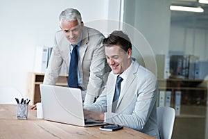 They work well together as a team. Two corporate businessmen browsing on a laptop.