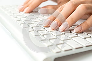 Work woman. Female online work female. Hand typing on desktop office computer keyboard. Woman using laptop. Blogger