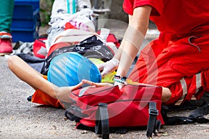 Work or workplace accident at construction site. First aid and CPR training.