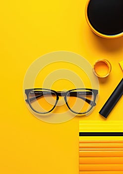Work workplace business paper glasses notebook space notepad desk concept office yellow background table