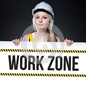 Work zone sign on template board, worker woman