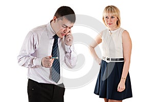Workaholic businessman and angry wife photo