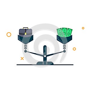 Workbag and money on the scales. job equity and finance concept. vector illustration