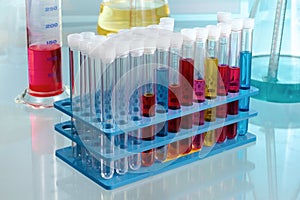 Workbench chemistry laboratory with test tubes in rack