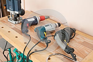 Workbench and electric drill.