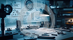 A Workbench with Technical Drawings, Tools, and a Desk Lamp