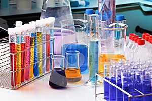 Workbench with Test tubes in Research laboratory for development of experiments