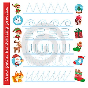 Workbook, copybook for preschoolers. Writing practice. Christmas and cartoon characters. Vector illustration.